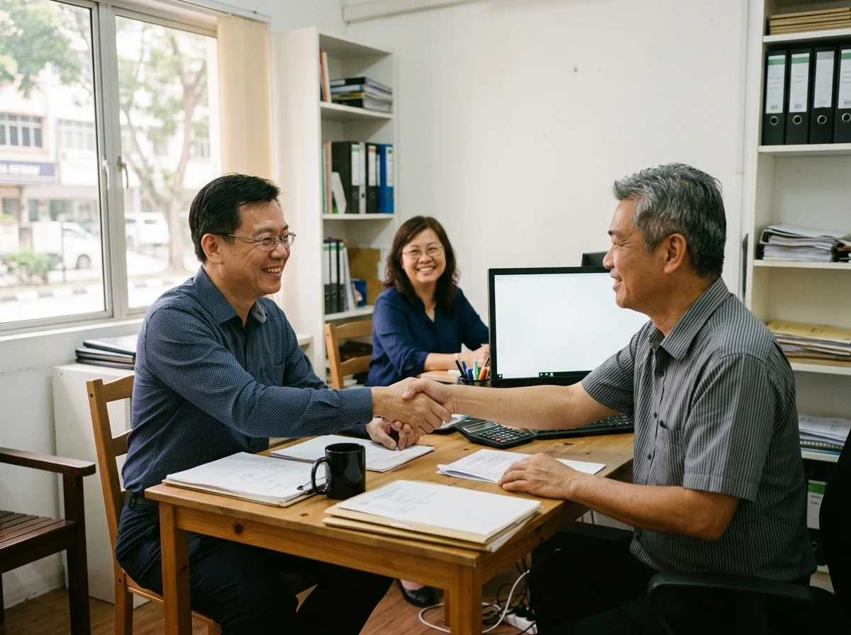 AI illustration of two business partners shaking hands across a desk in an office, with a colleague smiling behind them