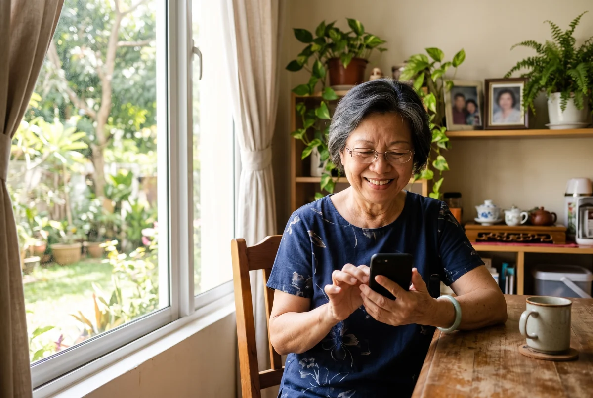 AI illustration of an older woman at home by a sunny window, smiling as she types a message on her phone