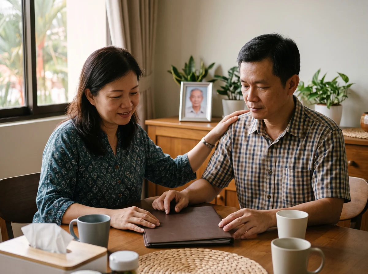 AI illustration of a Malaysian Chinese brother and sister at a dining table with a closed folder, the sister resting a hand on his shoulder, a parent’s photo behind them