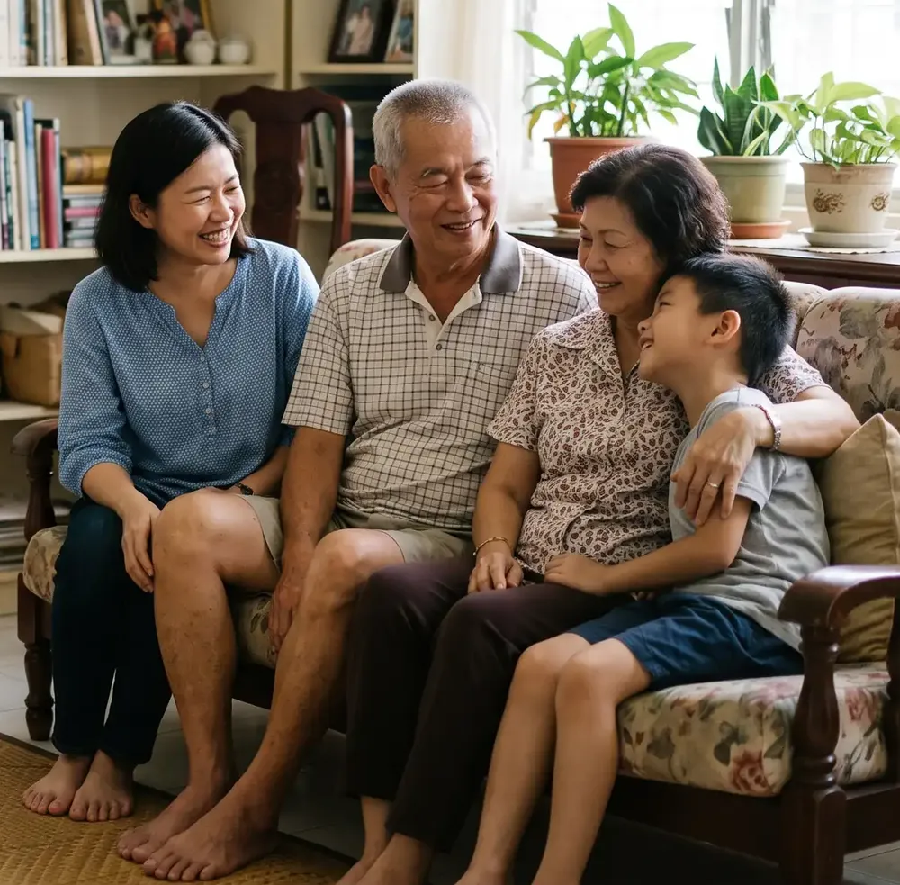 AI illustration of a Malaysian Chinese family, grandparents, mother and child, smiling together on a sofa at home