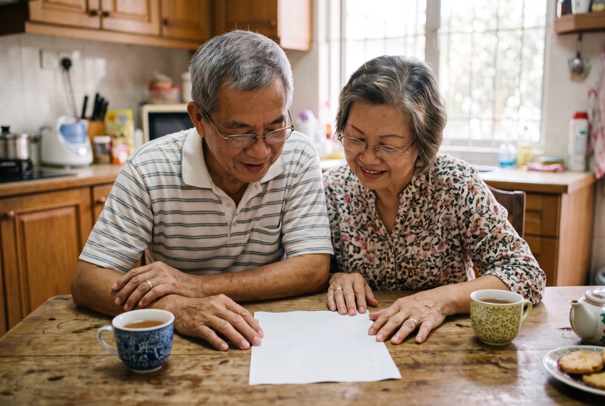 AI illustration of an older couple at a kitchen table leaning in over a sheet of paper together, with cups of tea