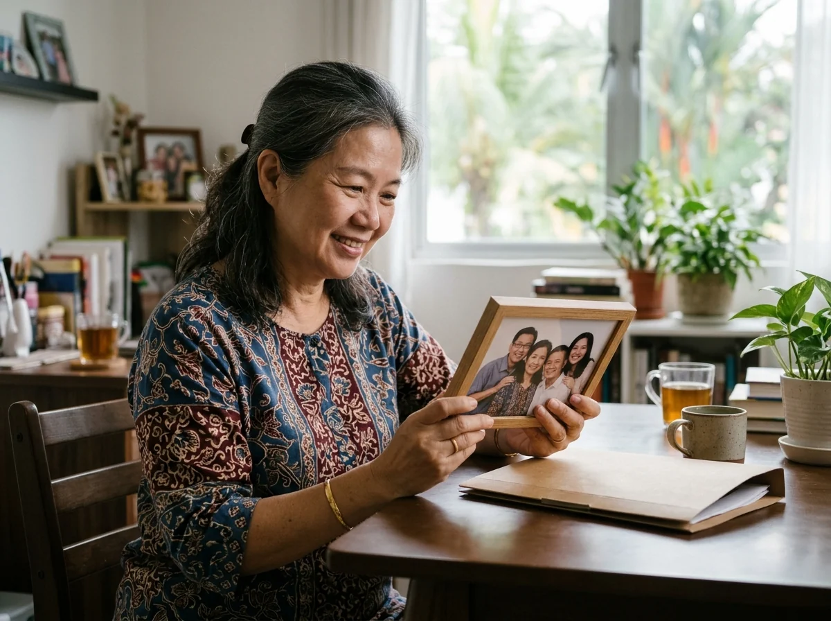 AI illustration of a smiling Malaysian woman at home looking at a framed family photo, with a folder on the table