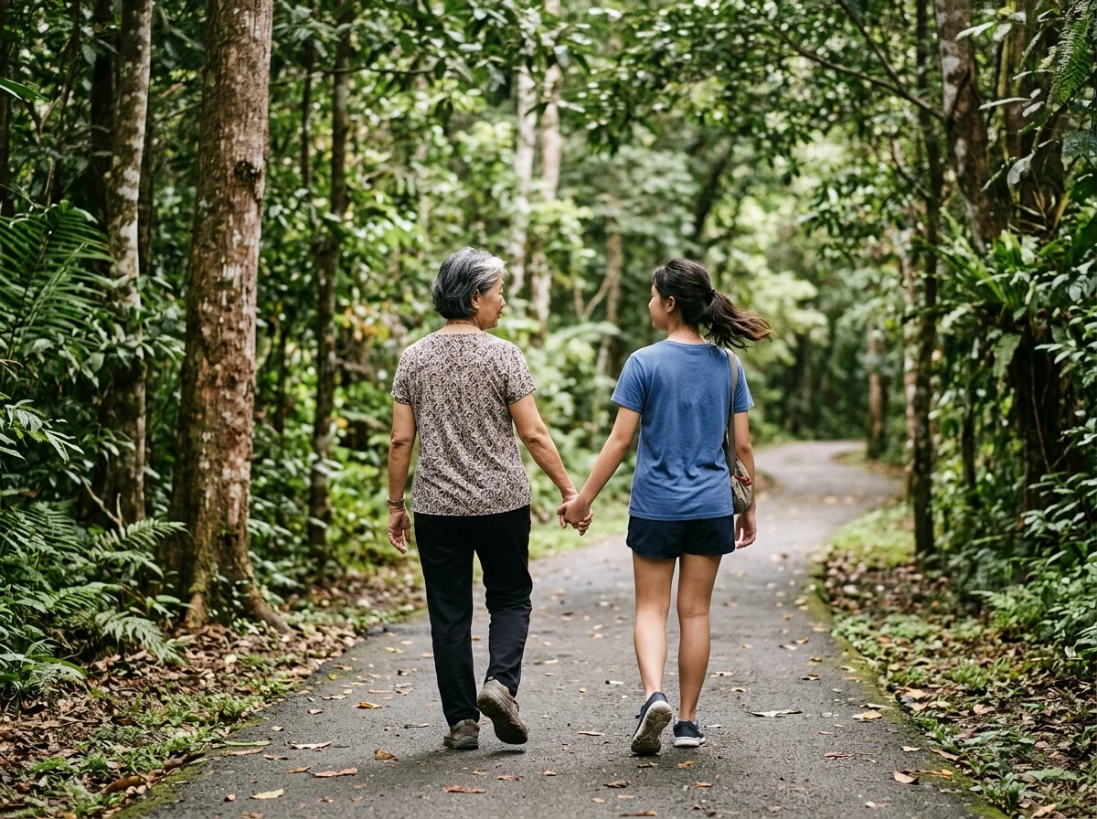 AI illustration of a grandmother and her granddaughter walking hand in hand on a shaded forest path