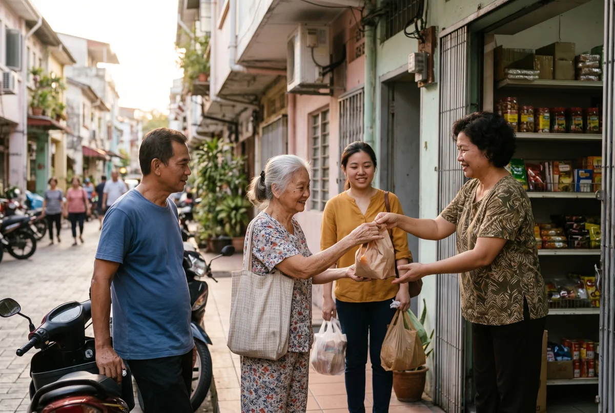 AI illustration of neighbours of different ages chatting on a bright street, an older woman collecting a bag from a shop owner