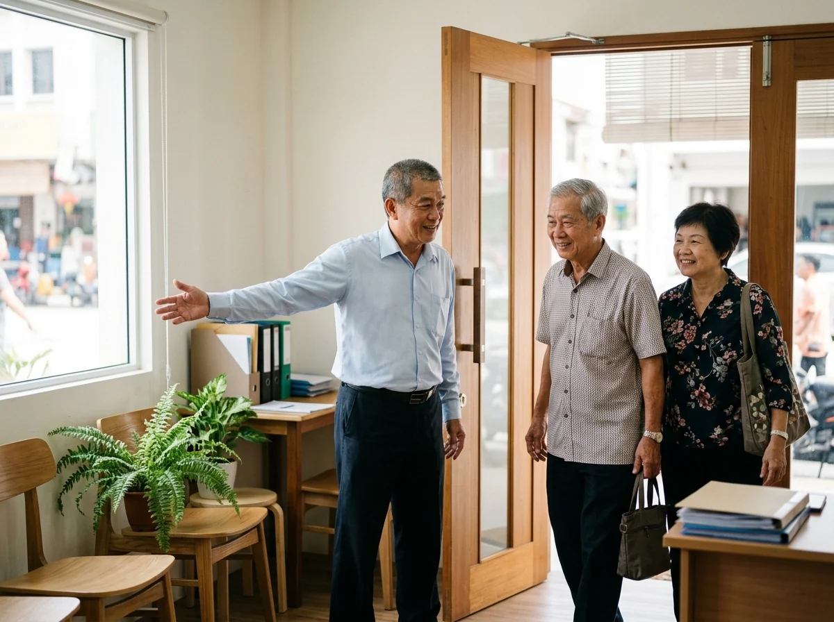 AI illustration of a planner at an office door welcoming an older couple inside