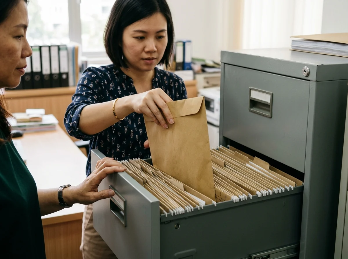 AI illustration of a woman in an office placing a brown envelope into a grey filing cabinet drawer full of folders