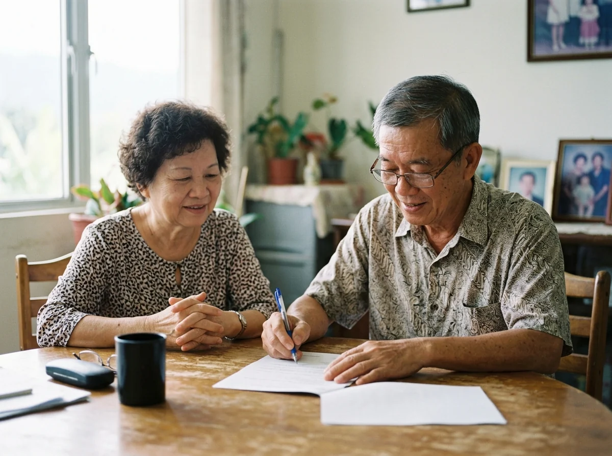 AI illustration of an older Malaysian Chinese couple at a wooden table, the husband signing a document with a pen while his wife watches